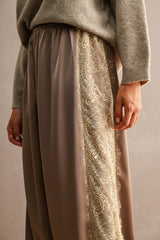 High Waisted Lace Trim Satin Balloon Pants Mocha