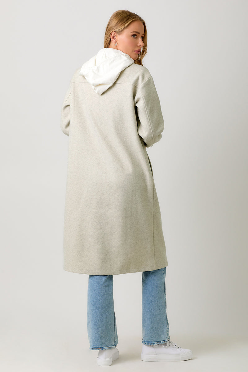 Two Fer Hoodie Solid Long Buttoned Coat