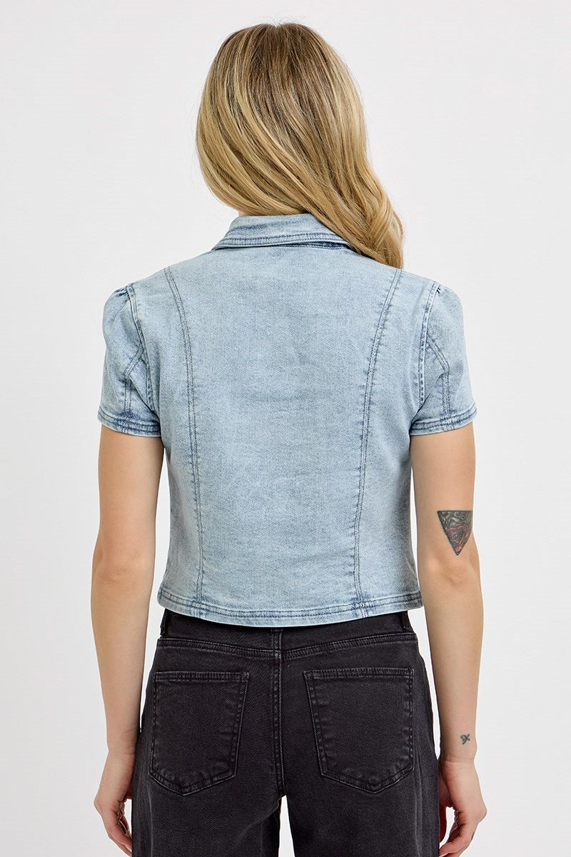 Button Down Short Sleeve Denim Shirt Light