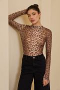 Mock Neck Sheer Long Sleeve Top Brown Animal