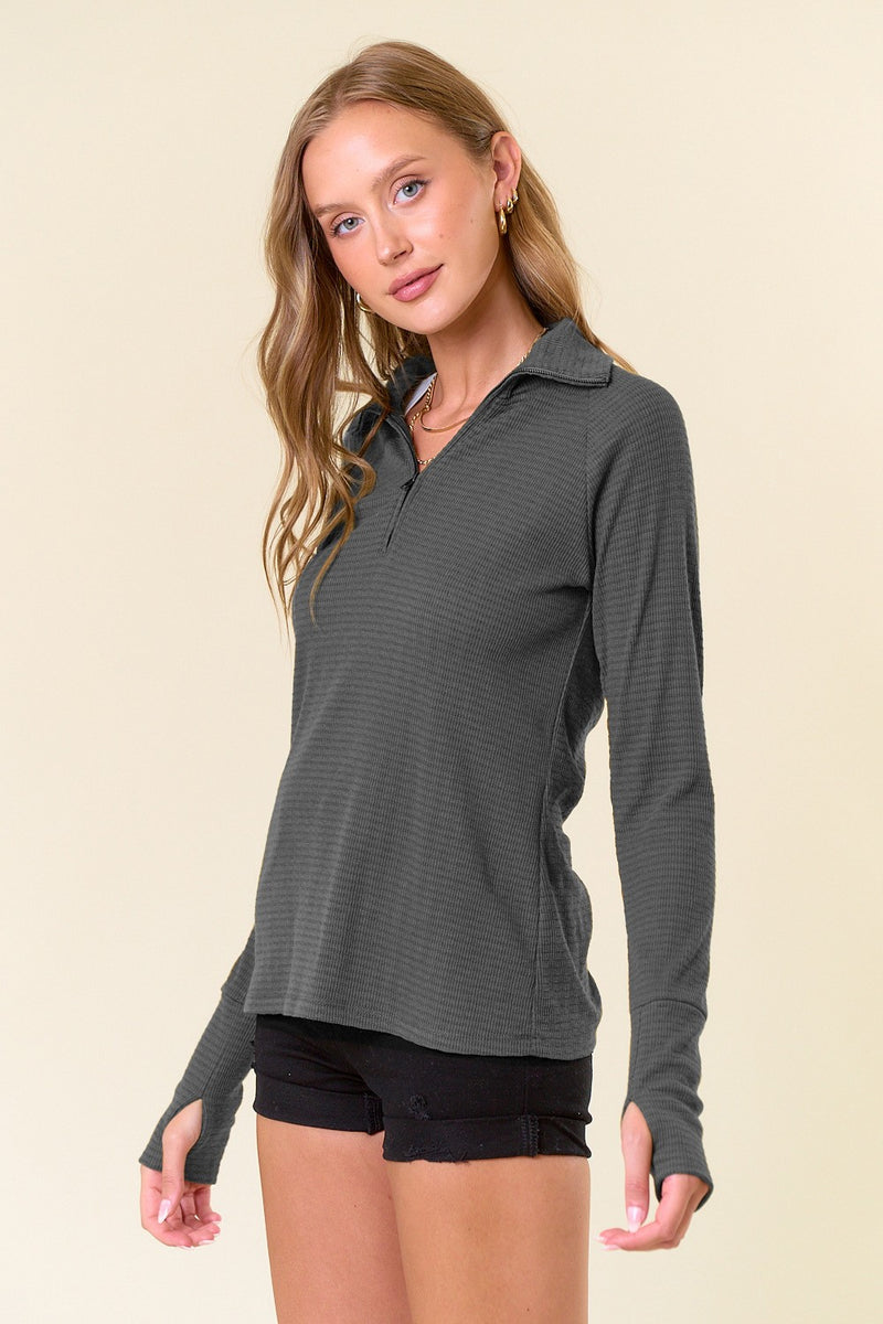 Textured Quarter Zip Top Dark Grey