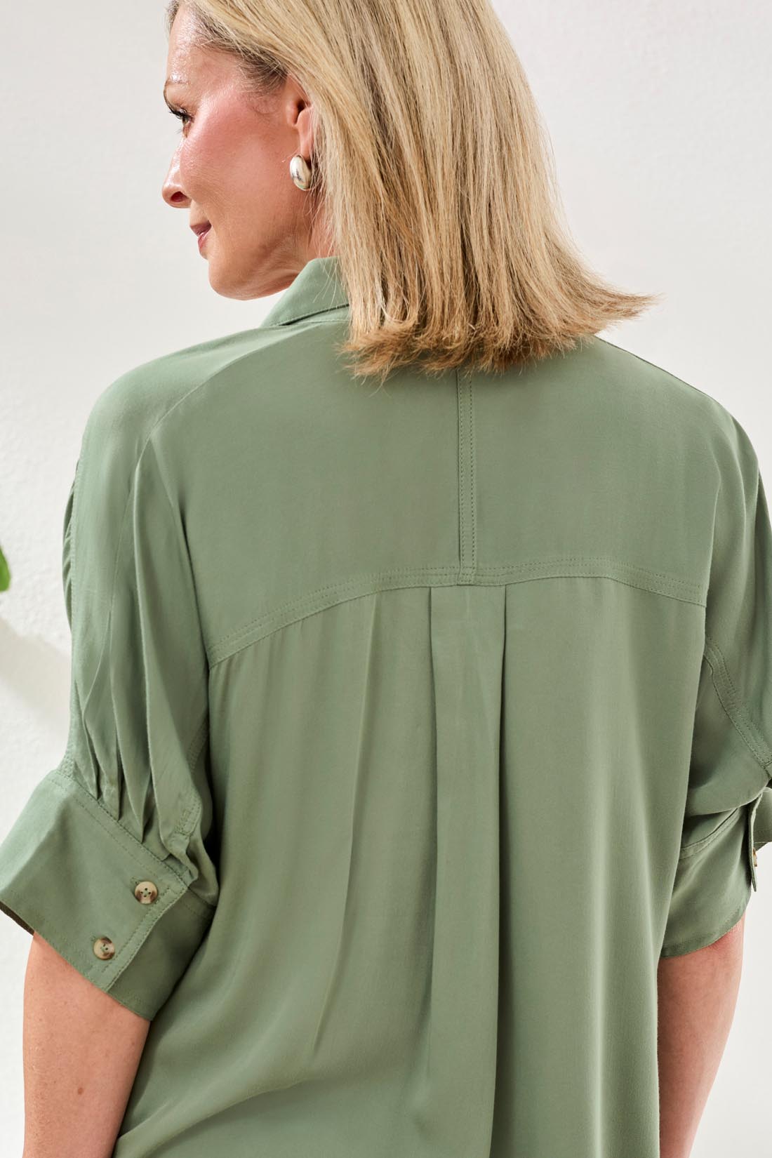 Elbow Sleeve Front Button Blouse Moss