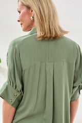 Elbow Sleeve Front Button Blouse Moss