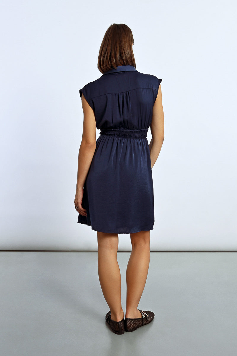 Collared Vneck Smock Waist Mini Dress Navy Blue