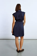 Collared Vneck Smock Waist Mini Dress Navy Blue