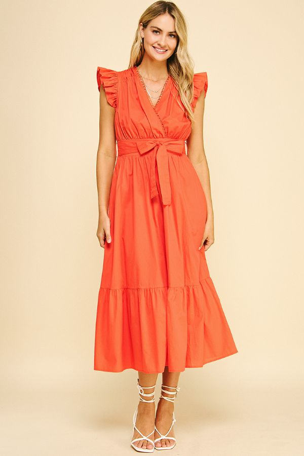 Crochet Loop Detail Ruffle Sleeve Belted Dress Sun Orange