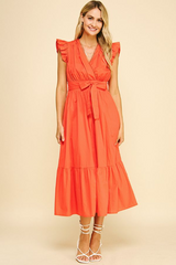Crochet Loop Detail Ruffle Sleeve Belted Dress Sun Orange