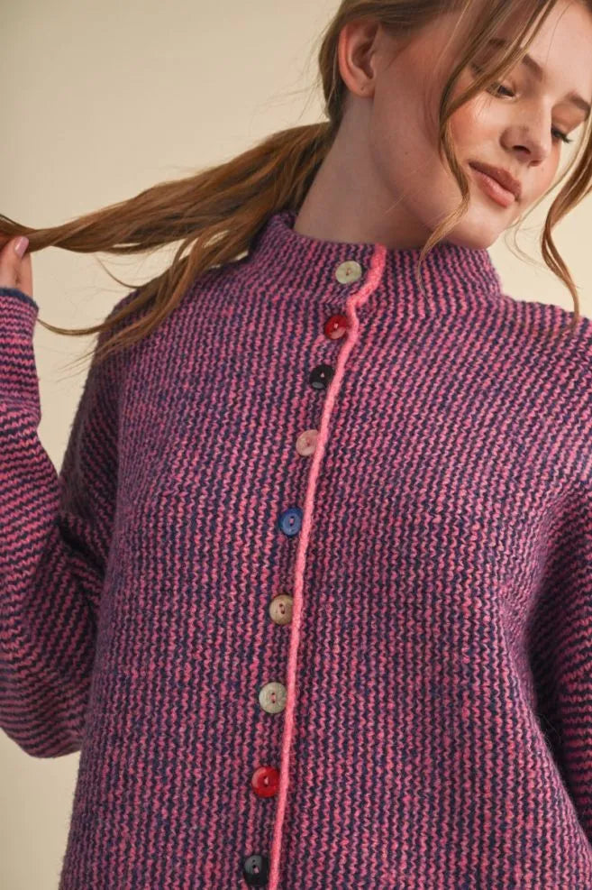 Colored Buttons Two Tone Mock Neck Cardi Indigo Coral