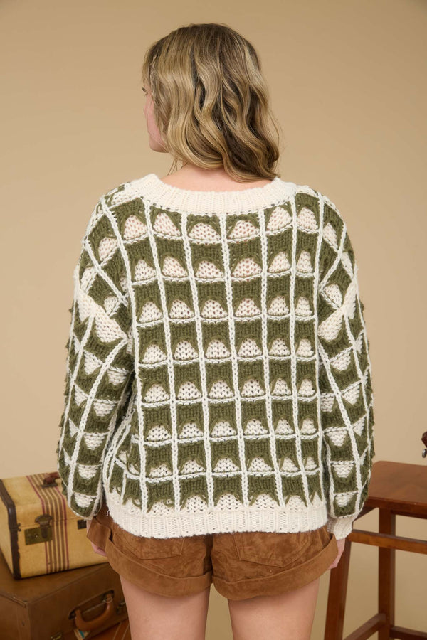 Contrast Square Knit Crewneck Sweater Olive