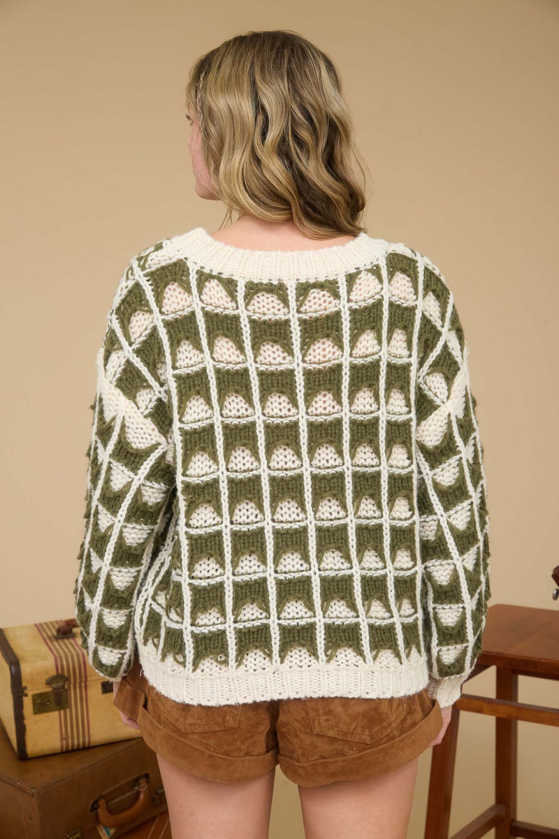 Contrast Square Knit Crewneck Sweater Olive