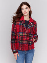 Boucle Knit Patterned Short Coat Cranberry