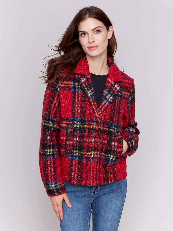 Boucle Knit Plaid Short Coat Cranberry