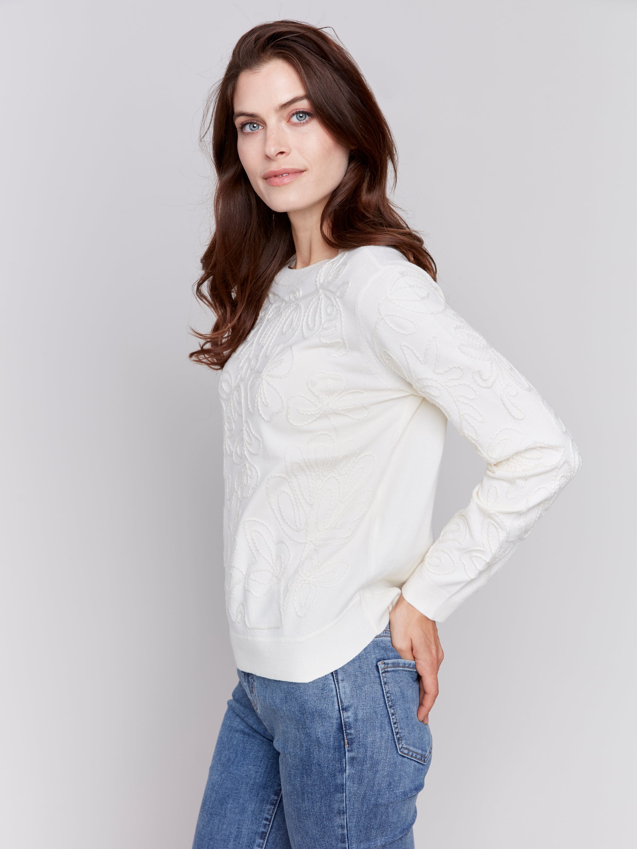 Jacquard Knit Round Hem Sweater Ecru