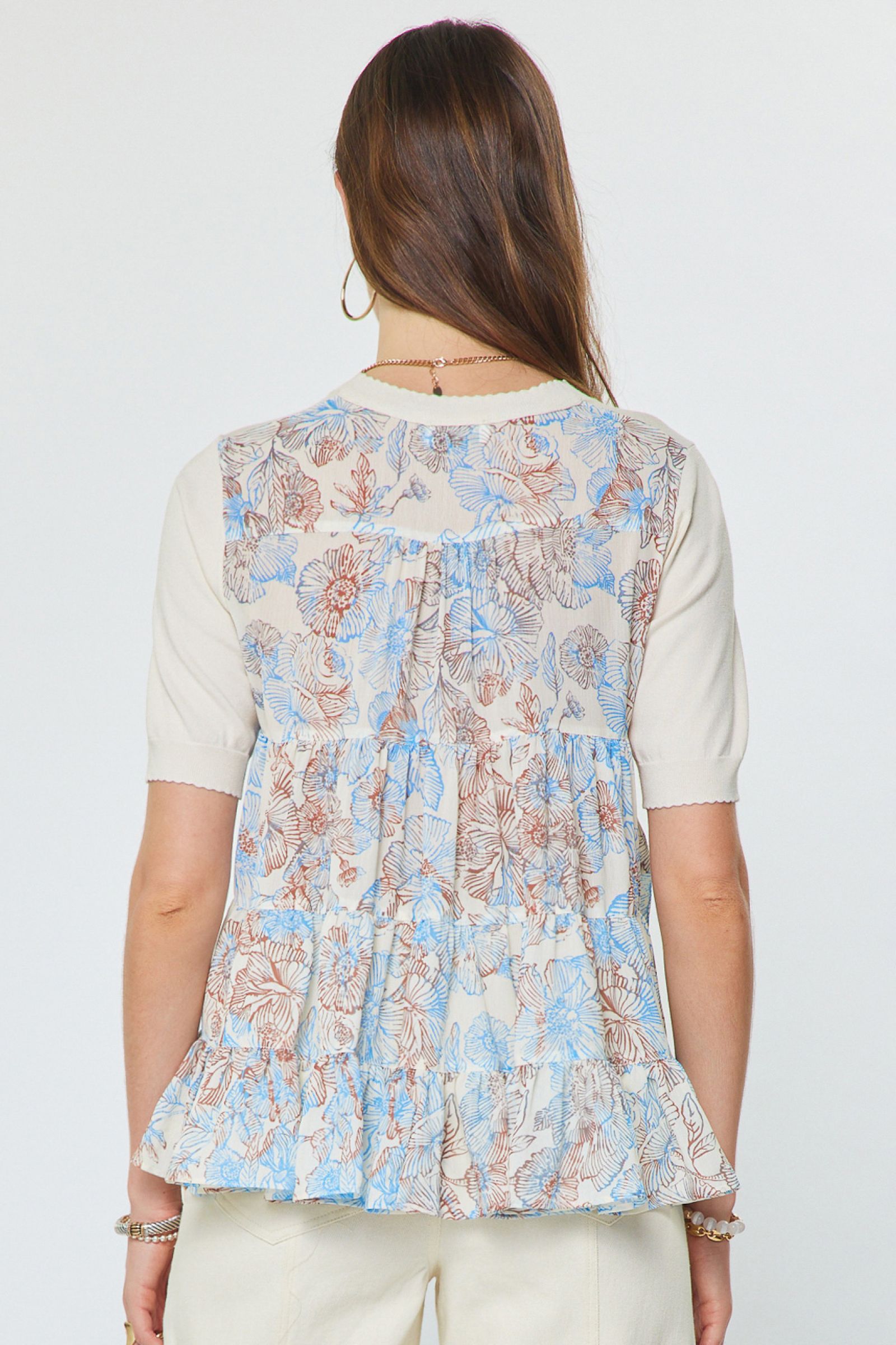 Sheer Floral Back Solid Knit Front Top Ivory