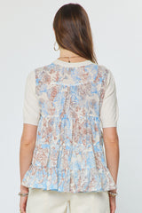 Sheer Floral Back Solid Knit Front Top Ivory
