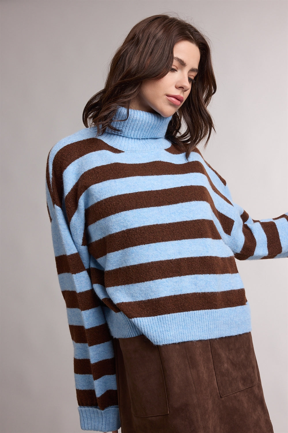 Bold Striped Turtleneck Sweater Sky + Brown