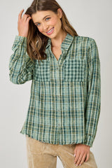 Fringe Bottom Detail Washed Plaid Shirt Washed Green