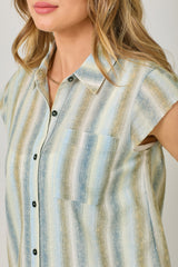 Flutter Cap Sleeve Stripe Button Down Shirt Denim Blue Mix