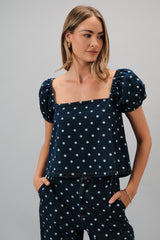 Polka Dot Bubble Off Shoulder Top Denim White