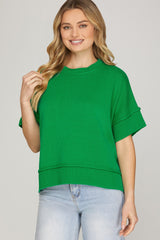 Half Sleeve Crew Neck Sweater Top Green