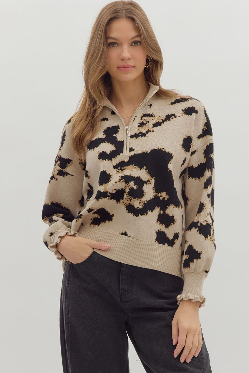 Abstract Leopard 1/4 Zip Sweater Pullover Taupe