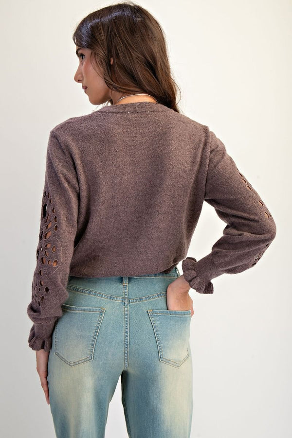 Eyelet Detailing Sleeve Sweater Top Mocha