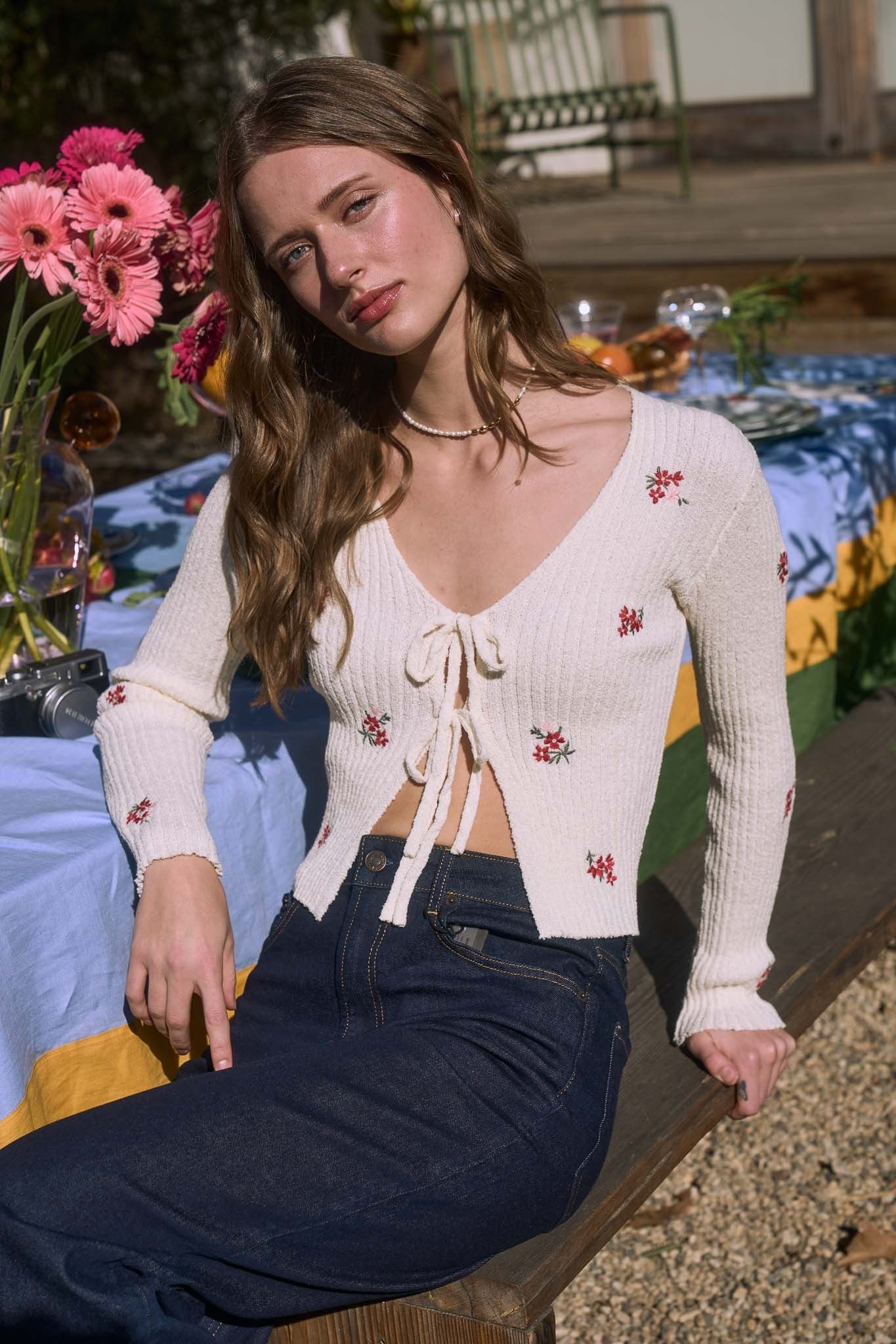Floral Embroidered Detail Front Tie Knit Cardi Cream Multi