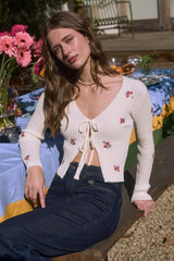 Floral Embroidered Detail Front Tie Knit Cardi Cream Multi