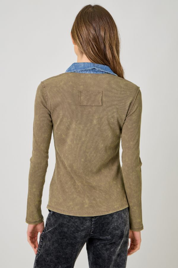 Washed Rib Thermal Denim Collar Button Down Shirt Washed Ash