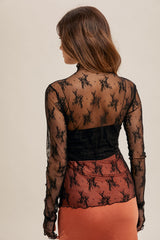 Mock Neck Lace Thumb Hole Sleeve Top Black