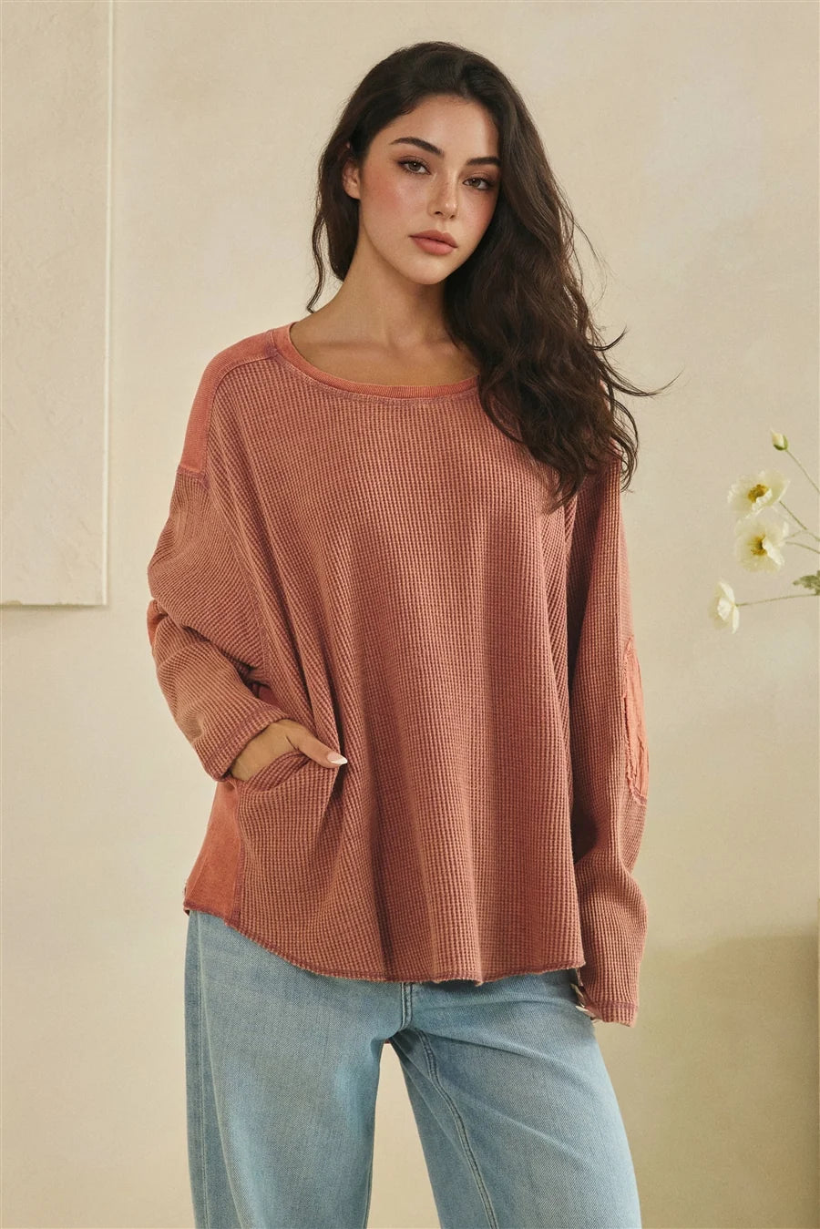 Oversize Waffle Knit Top Marsala