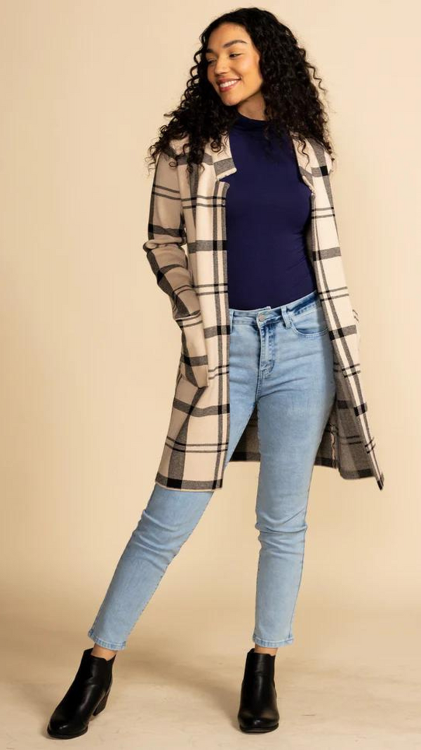 Harmon Plaid Sweater Cardi Beige