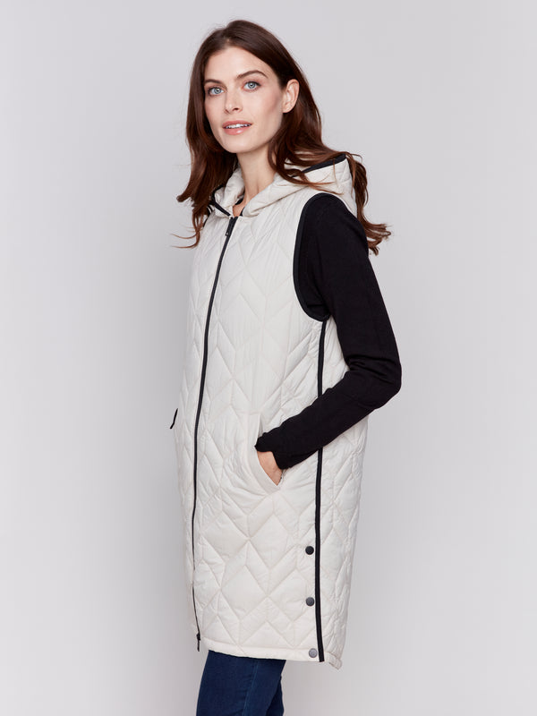 Hooded Long Quilted Puffer Vest Almond