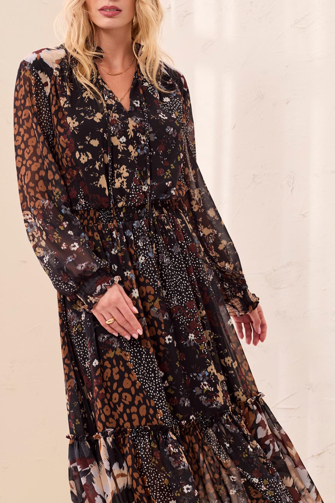 Mixed Print Drama Smocked Maxi Dress Rustic Brown