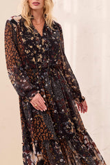 Mixed Print Drama Smocked Maxi Dress Rustic Brown