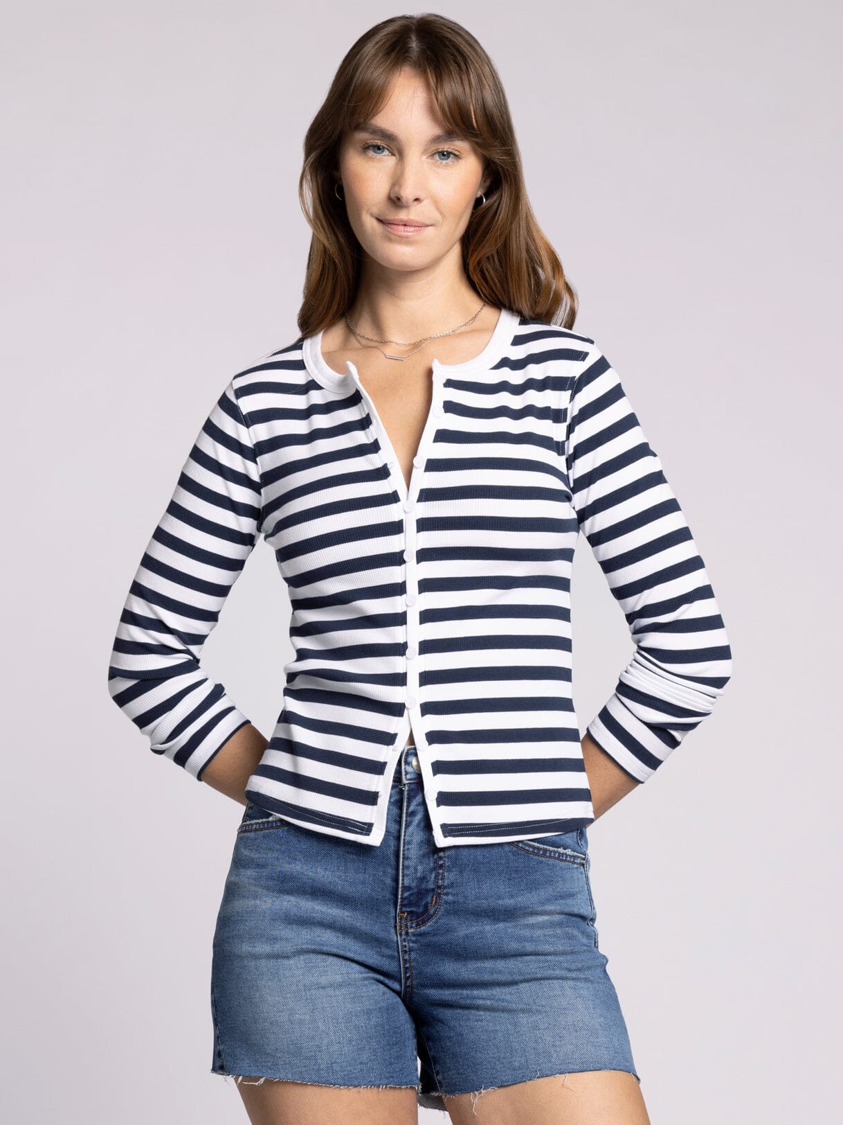 Sadie Buttoned Top White + Navy