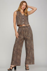 Leopard Print Twill Washed Tie Waist Pants Brown