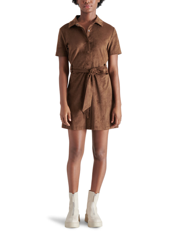 Jolene Snap Front Belted Suede Shirt Dress Cocoa