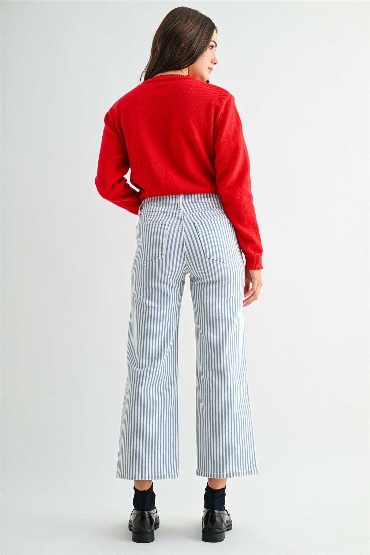 High Rise Wide Leg Cropped Stripe Pants Curious Blue