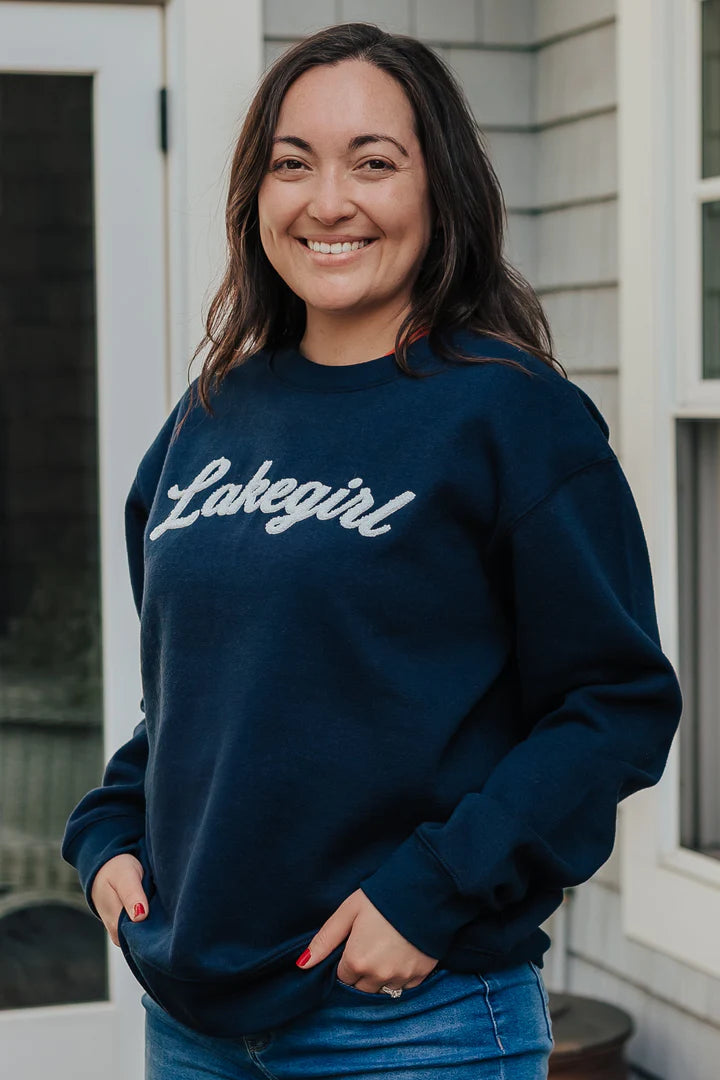 Classic Fleece Lakegirl Script Crew Sweatshirt Navy