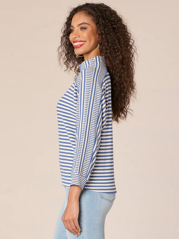 3/4 Dolman Sleeve Mock Neck Stripe Blocked Knit Top Blue + Off White