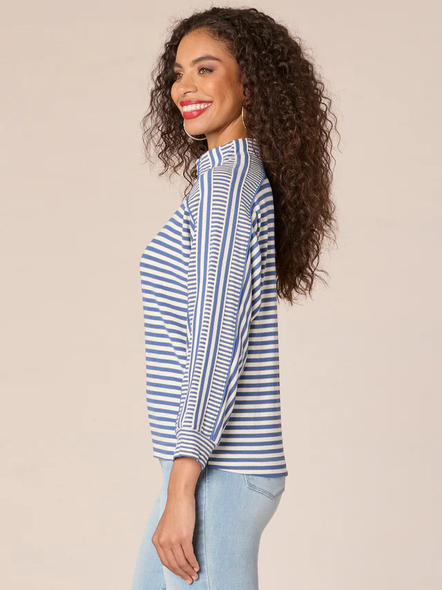 3/4 Dolman Sleeve Mock Neck Stripe Blocked Knit Top Blue + Off White