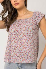 Square Neck Ruffle Sleeve Ditsy Floral Top Blue + Red