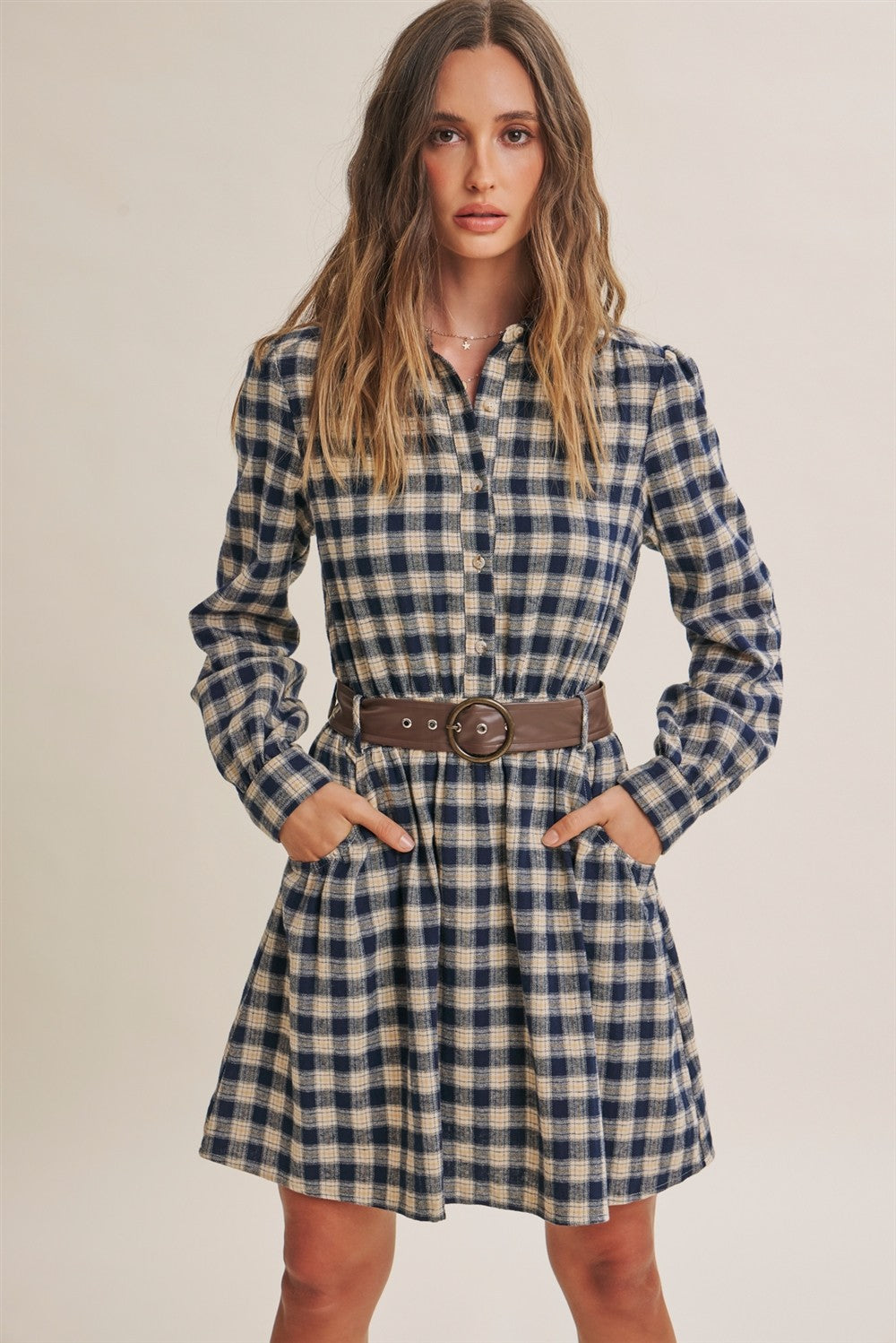 Leather Belt Plaid Shirt Mini Dress Indigo