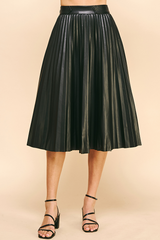 Leather Pleated Tab Waist Midi Skirt Black