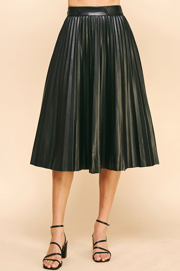 Leather Pleated Tab Waist Midi Skirt