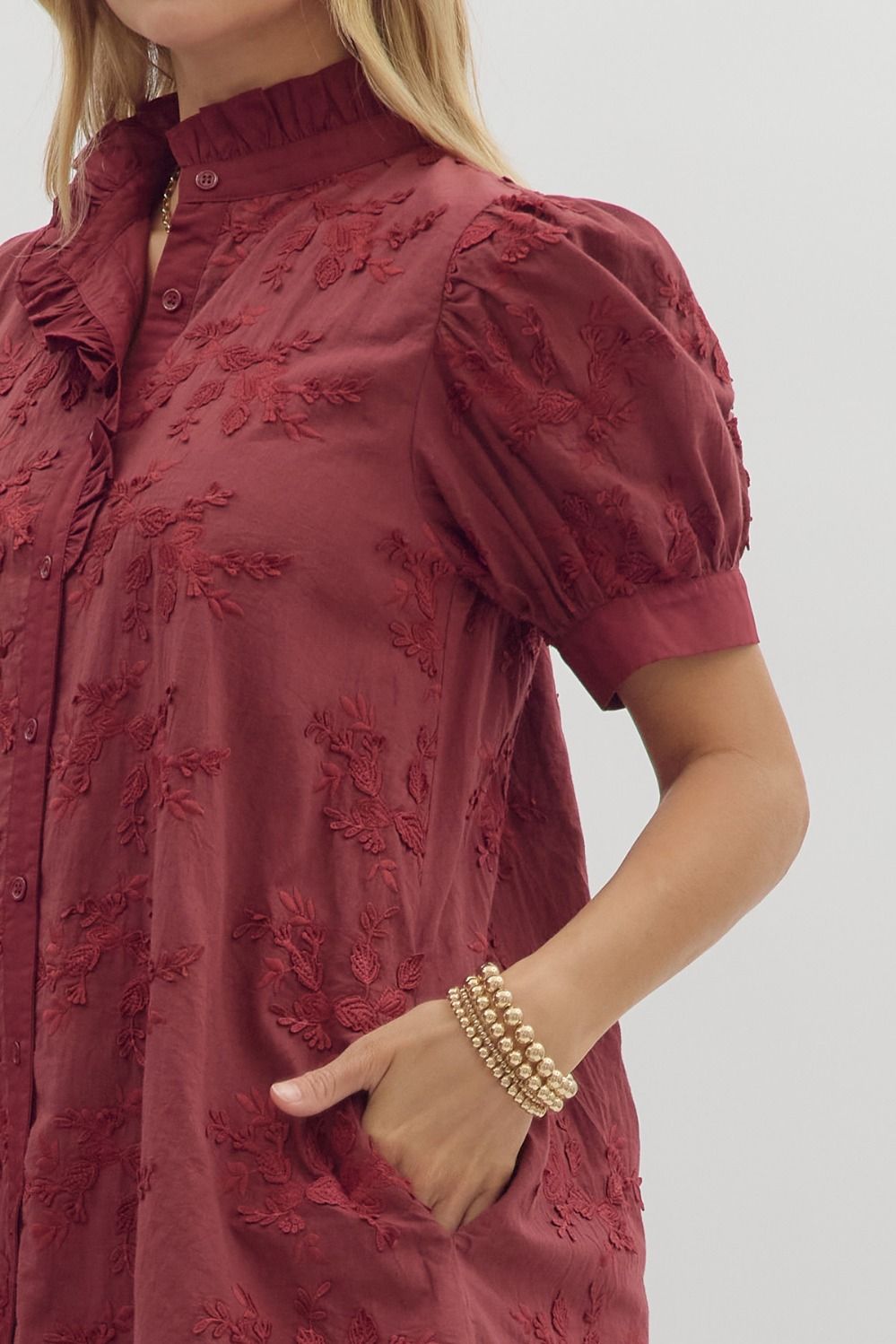 Stitched Floral Applique Button Down Dress Burgundy