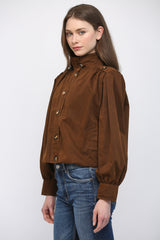 High Stand Collar Gathered Hem Bomber Jacket Dark Brown