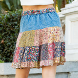 Tied Belt Denim Patchwork Mini Skirt Latte