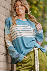 Stripe Mix Terry Soft Washed Pullover Faded Teal